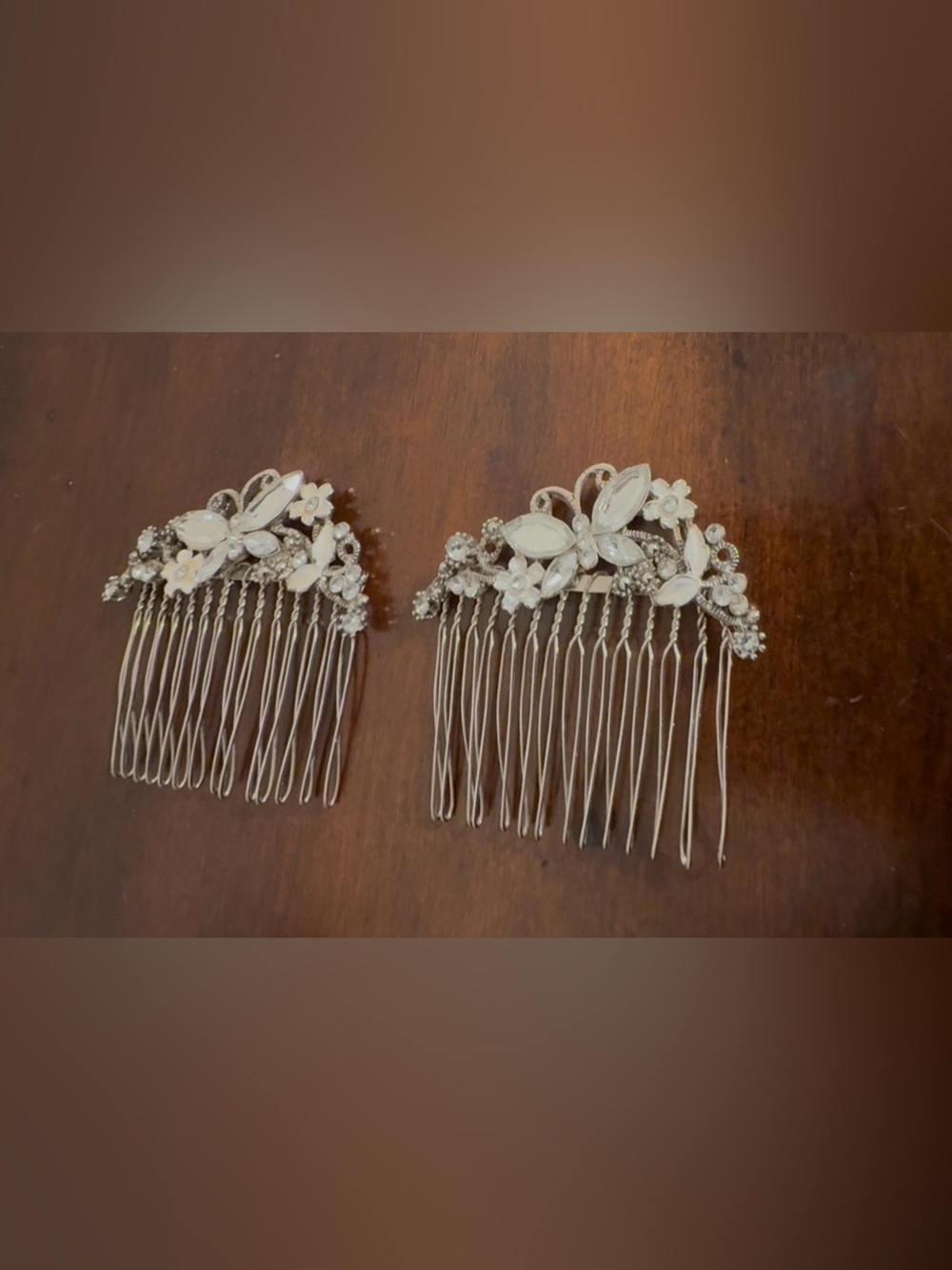 Bridal Floral butterfly hair comb pair, silver tone metal, used.